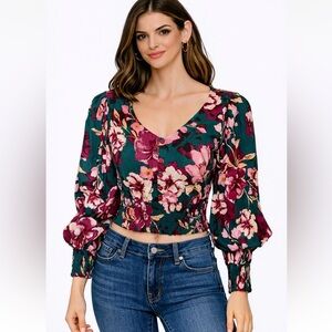 NWT Band of the Free 100% Viscose Blouse Long Sleeve Cropped Floral Top Sz XS